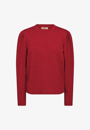 T-shirt rouge à manches longues en tissu doux. Il présente un col rond et des détails froncés aux épaules, offrant une coupe décontractée.