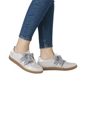 Metallic silver sneakers with a textured finish, featuring a large black-and-white striped bow and a gum rubber sole.