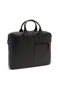 Black leather laptop bag with dual handles, a zippered front pocket featuring an orange accent, and a smooth, structured design.