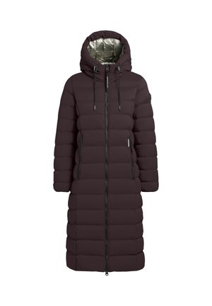 Long, dark purple puffer coat with a zip front, drawstring hood, and a silver lining. Features padded texture and two side pockets.