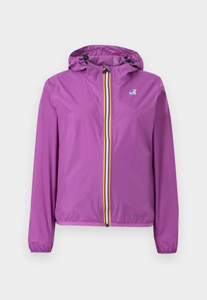 Μωβ ελαφρύ μπουφάν με κουκούλα, πολύχρωμο κεντρικό φερμουάρ και κορδόνια στην κουκούλα, ελαστικές μανσέτες και μικρό λογότυπο στο στήθος.