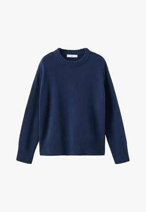 Donkerblauwe gebreide trui met een geribde ronde hals, lange mouwen en geribde zoom. Zachte textuur, casual ontwerp en ontspannen pasvorm.
