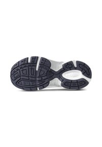 Running shoe sole featuring a textured black rubber outsole with traction patterns, white midsole, and molded accents for support.