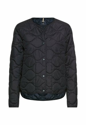Schwarze gesteppte Jacke mit rundem Ausschnitt, Druckknöpfen und wellenförmigem Muster auf der Oberfläche. Leicht und mit glatter Textur.