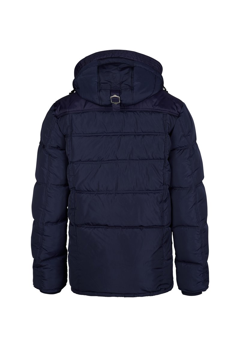 Veste matelassée bleu marine avec capuche amovible, motif matelassé et matériel réglable au niveau du cou. Tissu doux et léger.