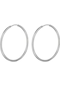 Orecchini a cerchio in argento con una finitura liscia. Il design a doppia banda esalta la forma circolare. Metallo leggero con texture lucida.