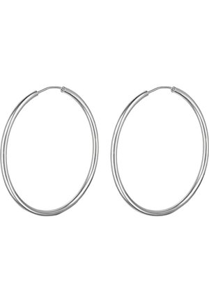 Silberne Ohrreifen mit glatter Oberfläche. Das Design mit doppeltem Band hebt die kreisförmige Form hervor. Leichtes Metall mit polierter Textur.