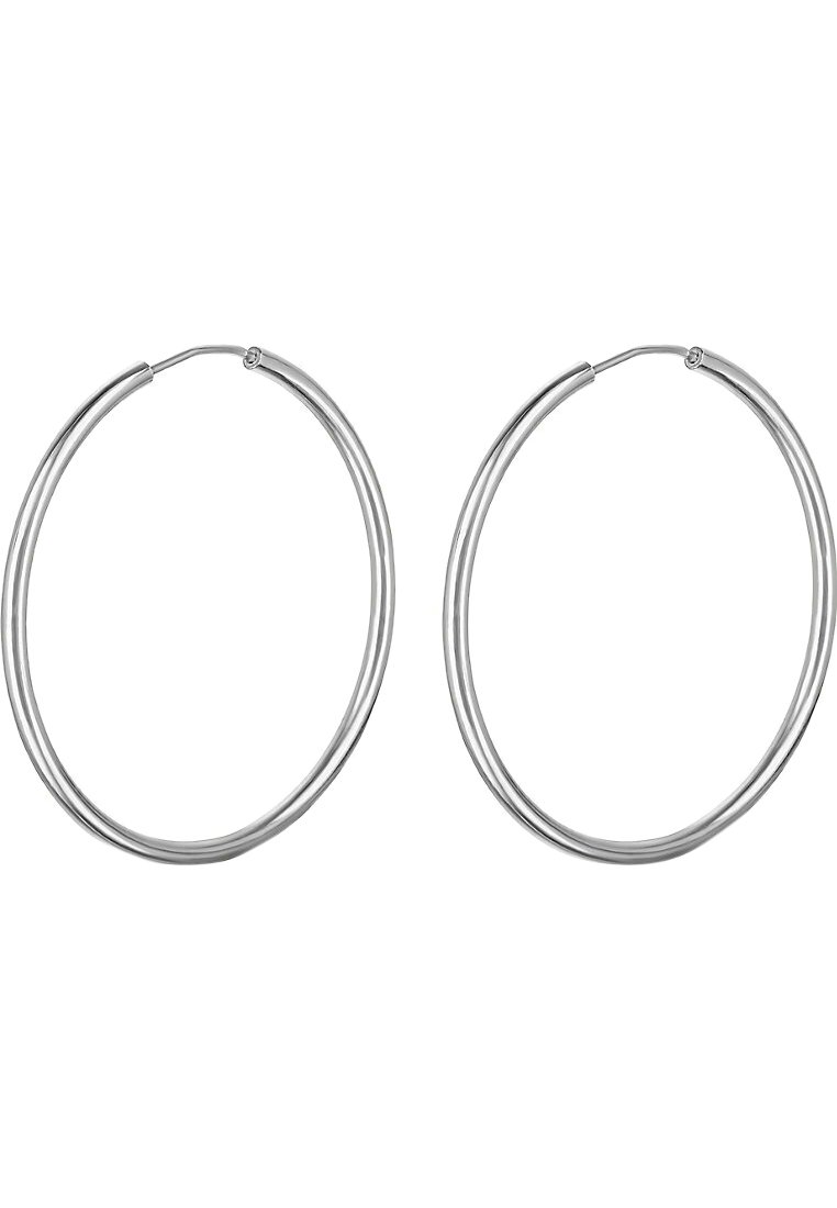 Orecchini a cerchio in argento con una finitura liscia. Il design a doppia banda esalta la forma circolare. Metallo leggero con texture lucida.
