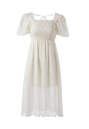 White midi dress with puffed short sleeves, smocked bodice, square neckline, and gathered sheer skirt.