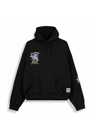 Sweat à capuche noir avec poche kangourou à l'avant, illustration d'une petite créature ailée et texte sur la poitrine, détail étoile sur la manche droite, capuche à cordon.