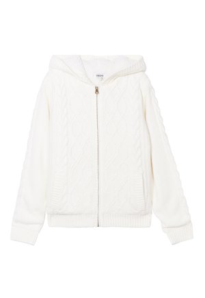 Weiße Zip-Hoodie mit Kabelstrickmuster, gerippten Bündchen und Fronttaschen. Hergestellt aus weichem, strukturiertem Stoff, mit gefütterter Kapuze.