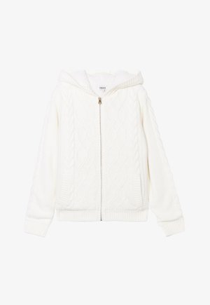 Haut zippé blanc avec un motif en tricot torsadé, des poignets côtelés et des poches avant. Fabriqué en tissu doux et texturé, avec une capuche doublée.