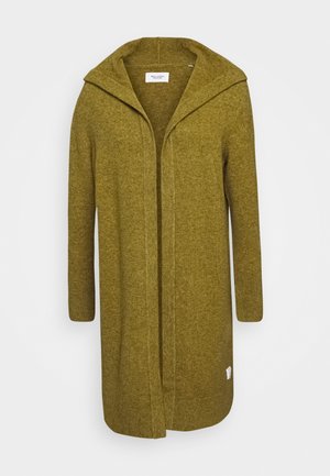 Olijf groene cardigan, gemaakt van zacht breiwerk, met een capuchon, open voorkant en lange mouwen met geribde manchetten en zoom.