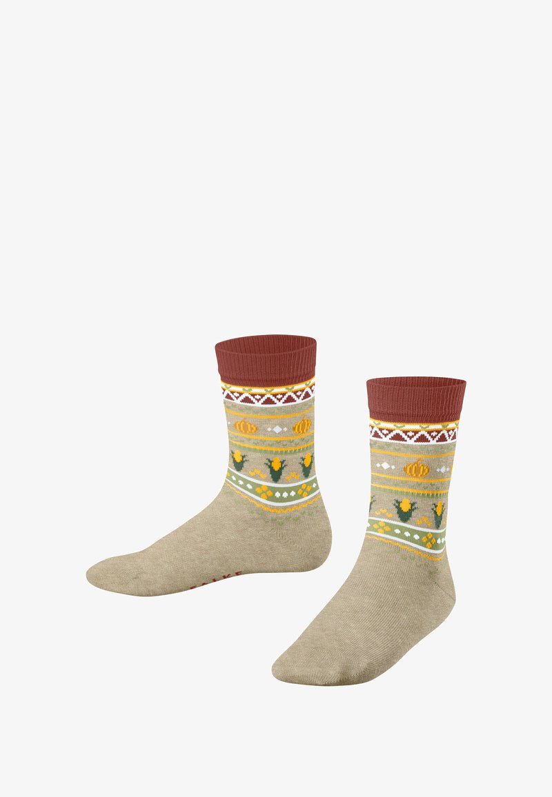 Kniestrümpfe in Beige mit einem gerippten burgunderfarbenen Abschluss. Sie haben ein bunten geometrischen und floralen Muster in Gelb, Grün und Weiß.