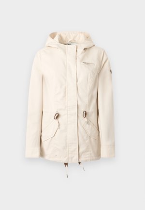 Kreemivärviline kapuutsiga jakk ees tõmblukuga, kahe flapi ja tõmbelukuga taskuga ning väikese tõmblukuga rinnataskuga.