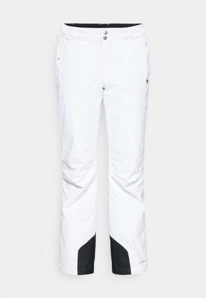 Pantalons de neige blancs au design épuré, avec deux poches avant, des panneaux inférieurs noirs renforcés et une fermeture à bouton à la taille.