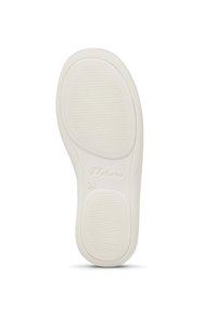 Biała gumowa podeszwa buta z teksturowaną powierzchnią, z poziomymi i pionowymi rowkami oraz gładką, zaokrągloną częścią palców.