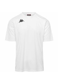 Camiseta blanca de manga corta hecha de tela ligera, con un logo negro en el lado izquierdo del pecho y un cuello redondo con detalles de costura.