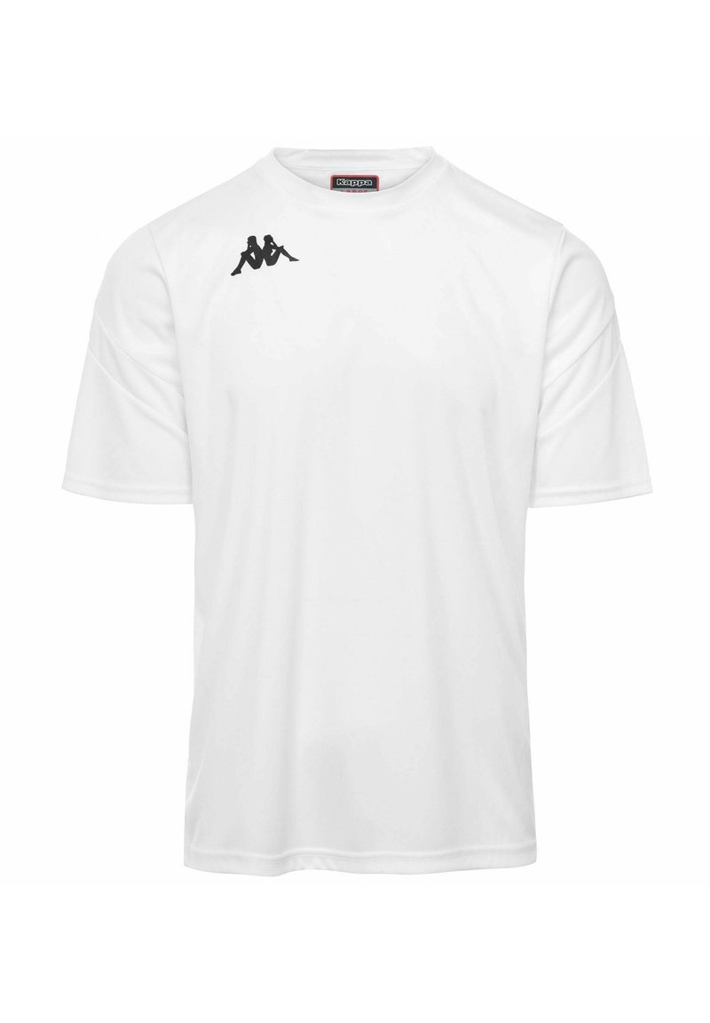 Camiseta blanca de manga corta hecha de tela ligera, con un logo negro en el lado izquierdo del pecho y un cuello redondo con detalles de costura.