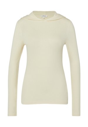 Cremfarbener, langärmeliger, figurbetonter Hoodie mit leichtem Stretch, ohne sichtbare Muster oder Verzierungen.