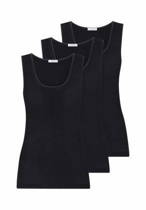 Tre canotte nere senza maniche identiche con scollatura a girocollo disposte in fila sfalsata.