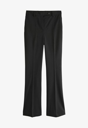 Sorte skræddersyede bukser med en glat tekstur, lige ben design, frontknaplukning og subtile bukser. Ingen synlige mønstre eller accenter.