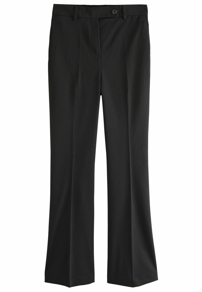 Schwarze, maßgeschneiderte Hose mit glatter Textur, geradem Bein-Design, vorderer Knopfverschluss und dezenten Bügelfalten. Keine sichtbaren Muster oder Akzente.