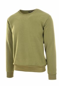 Felpa verde oliva realizzata in tessuto morbido, con scollatura a girocollo e polsini e orlo a costine. Design semplice senza motivi o accenti.