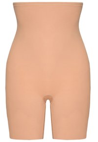 Pantalones cortos moldeadores beige con cintura alta, longitud hasta medio muslo, textura suave y una abertura en la entrepierna para mayor comodidad.