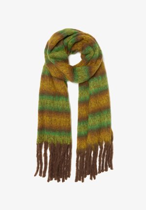 Écharpe en laine avec des motifs rayés verts et bruns, finie par des franges brunes aux extrémités. Texture douce avec une apparence chaleureuse.