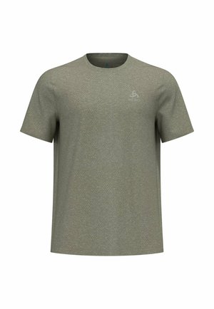 Schlichtes olivgrünes T-Shirt mit kurzen Ärmeln und Rundhalsausschnitt, mit kleinem hellgrauem Logo auf der linken Brust.