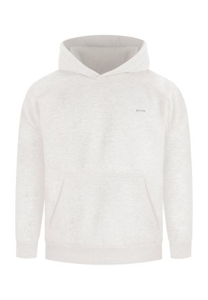 Lichtgrijze pullover hoodie met een kenguruzak, raglanmouwen en een subtiel logo op de borst. Zachte, gestructureerde stofafwerking.