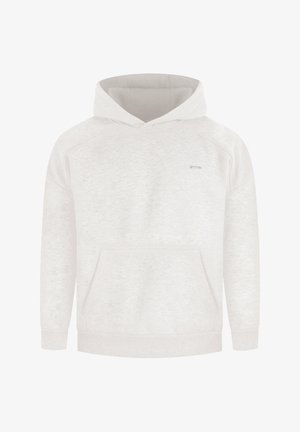 Helle graue Pullover-Hoodie mit Kängurutasche, Raglanärmeln und einem dezenten Logo auf der Brust. Weicher, strukturiertes Stofffinish.