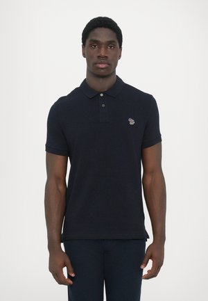 Navy polo shirt in cotton blend with a collared neckline, two-button placket, short sleeves, and a small embroidered logo on the chest.