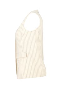 Lichtbeige mouwloze top met verticale streepjes, voorzien van een ronde halslijn en een opvouwaccent aan de linkerkant. Zachte textuur.