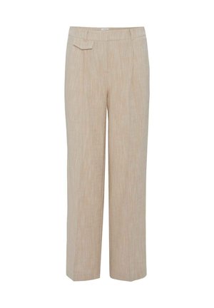 Beige, lightweight, linen blend trousers with a wide-leg design, featuring a single front pocket and subtle texture throughout.