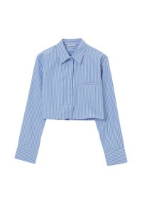 Camicia cropped a righe verticali azzurre e bianche. Presenta un colletto a punta, maniche lunghe e una tasca sul petto con bordo in risalto.