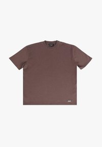 Brown cotton t-shirt with a crew neck, short sleeves, and a straight hem. Features a small logo tag on the lower left side.