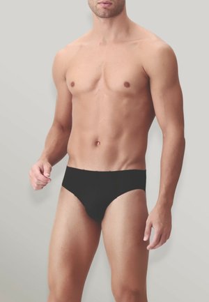 Slip da uomo neri con una trama di tessuto liscia, design ergonomico e una fascia in vita bassa. Presenta un taglio minimalista e senza branding visibile.