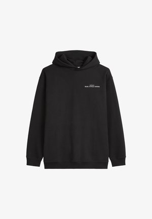 Black sweatshirt with hood, long sleeves, ribbed cuffs and hem; features white text "ROOTED BY MARC O'POLO DENIM" on the front.