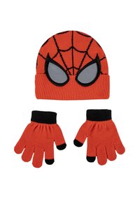 Set di cappello e guanti lavorati a maglia rossi per bambini, con motivi a ragnatela neri e grandi forme di occhi di Spider-Man sul cappello.