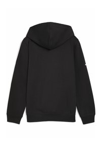 Sudadera negra con una textura suave, que presenta una capucha grande, puños acanalados y un diseño sencillo. Sin logotipos ni patrones visibles.