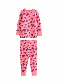 Ensemble de pyjama en deux pièces en coton rose avec manches longues et pantalon, ornés d'un motif de cœurs violets, avec des poignets et une taille côtelés.