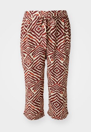 Red and brown patterned pants with a drawstring waistband. Features a geometric motif on a light background. Mid-calf length, lightweight fabric.