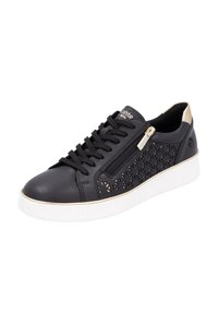 Sneaker in pelle nera con un motivo floreale perforato sui lati, suola in gomma bianca, lacci neri e una chiusura con zip come accent.