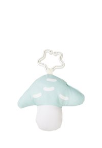 Soft plush mushroom toy in light blue with white spots, featuring a white base and a flexible white attachment loop on top.