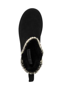 Bottine en daim noir avec bordure en tricot crème et noir, bout arrondi et languette à l'arrière ; doublure intérieure douce.