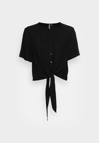 Haut à boutons noir à manches courtes avec décolleté en V et détail de lien à l'avant, en tissu léger, présenté sur un fond clair uni.