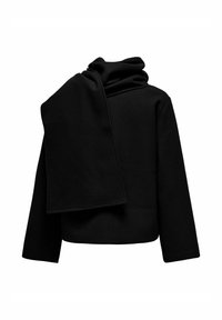 Sort uldblandede jakke med draperet tørklæde-detalje på den ene skulder, med et cropped design og brede ærmer. Glat tekstur over det hele.