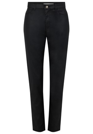 Zwarte rechtermodelbroek met knoop- en ritssluiting aan de voorkant, riemlussen en zijzakken, afgebeeld op een effen witte achtergrond.